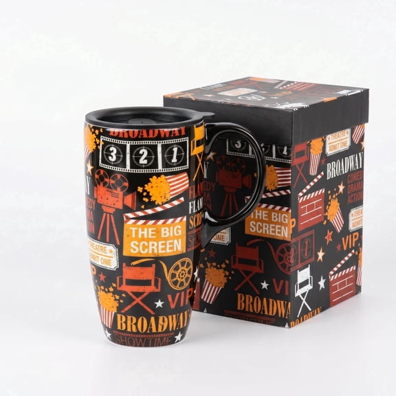 Topadorn Movie Night Ceramic Travel Mug, 17oz, Retro Cinema Themed Print, Spill-Resistant Lid, Microwave/Dishwasher/Oven Safe, Gift Boxed