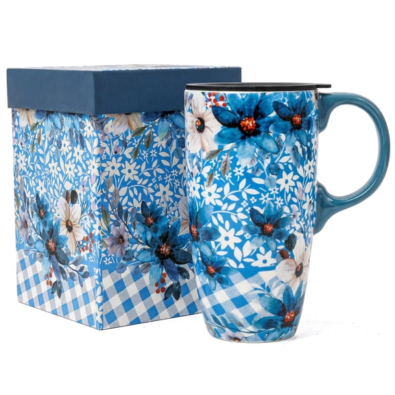 Topadorn 17oz Blue Floral Ceramic Travel Mug with Lid & Handle, Watercolor Flower Coffee Cup with Gift Box, Microwave & Dishwasher Safe