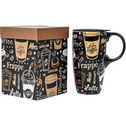 Topadorn Coffee Art Ceramic Travel Mug, 17oz, Black Coffee-Themed Print with Lid, Dishwasher/Microwave Safe, Gift Boxed