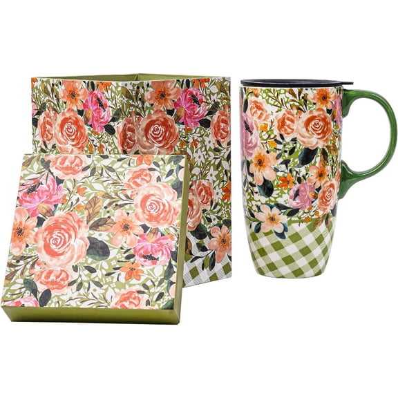 Topadorn Ceramic Cup Ceramic Latte Teacup Coffee Cup with Gift Box 17 oz Travel Cup with Lid Green and Pink Flowers