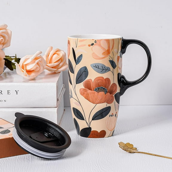 Topadorn Ceramic Cup Ceramic Latte Teacup Coffee Cup with Gift Box 17 oz Travel Cup with Lid, Red Flower