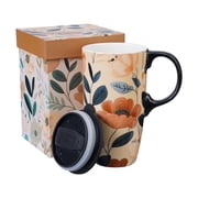 Topadorn Floral Ceramic Travel Mug, 17oz Peach & Orange Flower Print with Leakproof Lid, Fits Car Cup Holders, Gift Boxed