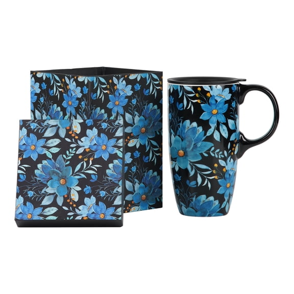 Topadorn Watercolor Blue Flower Ceramic Travel Mug, 17oz, Blue Floral Print on Black, Spill-Resistant Lid, Microwave/Dishwasher Safe, Gift Boxed