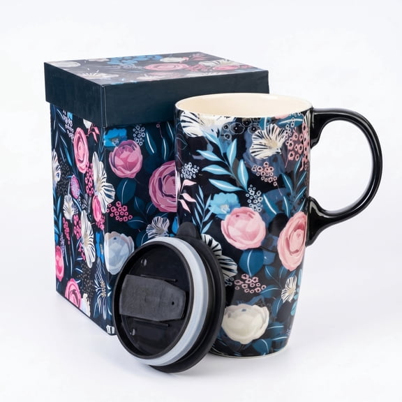 Topadorn Dark Floral Ceramic Travel Mug, 17oz, Pink & White Rose Print on Black, Heat-Safe Handle, Spill-Resistant Lid, Gift Boxed