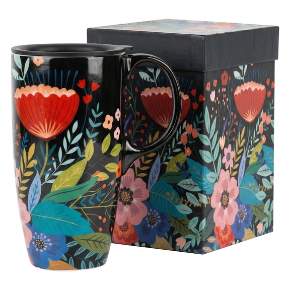Topadorn Folk Art Floral Ceramic Travel Mug, 17oz, Vibrant Poppy & Wildflower Print on Black, Splash-Resistant Lid, Gift Boxed