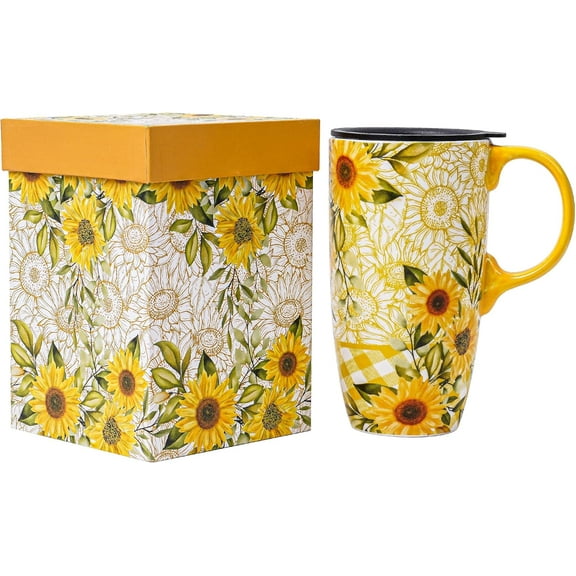 Topadorn Ceramic Mug Porcelain Latte Tea Cup with Lid in Present Box 17oz Sunflowers
