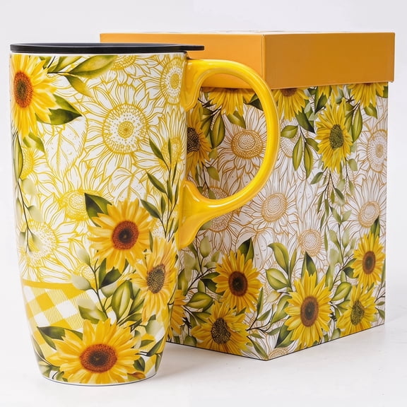 Topadorn Sunflower Ceramic Coffee Mug with Lid, 17 oz Large Coffee Mug, Spill-Resistant Travel Mug for Coffee & Tea, Floral Sunflower Design, Microwave Safe, Gift Box Included