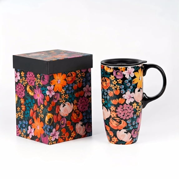 Topadorn Bold Watercolor Floral Ceramic Travel Mug, 17oz, Multicolor Flower Print on Black, Spill-Resistant Lid, Microwave & Dishwasher Safe, Gift Boxed