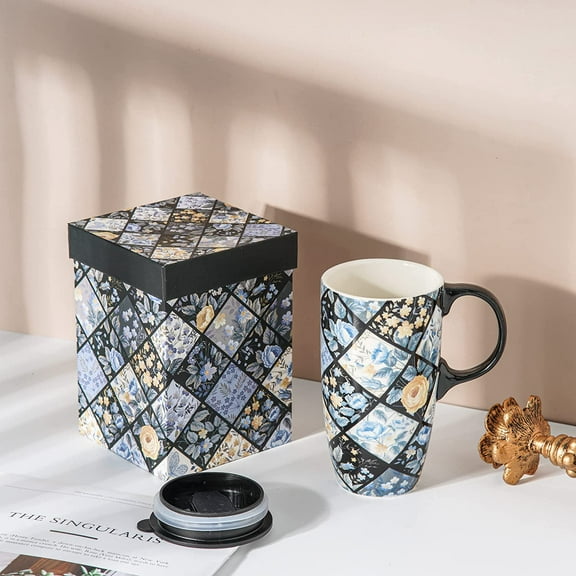Topadorn Ceramic Mugs Porcelain Latte Tea Cup Coffee Mug with Gift Box,17oz.Plaid Flower
