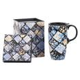 thumbnail image 1 of Topadorn Blue Floral Patchwork Ceramic Travel Mug, 17oz, Diamond Quilt Print, Spill-Resistant Lid, Microwave/Dishwasher/Oven Safe, Gift Boxed, 1 of 12