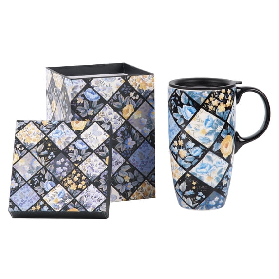 Topadorn Blue Floral Patchwork Ceramic Travel Mug, 17oz, Diamond Quilt Print, Spill-Resistant Lid, Microwave/Dishwasher/Oven Safe, Gift Boxed