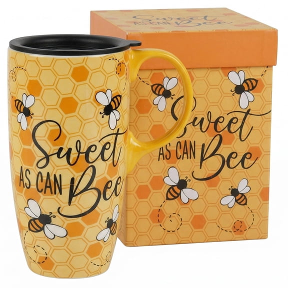 Topadorn Ceramic Coffee Mug with Lid and Gift Box – 17oz Bee and Floral Print Porcelain Latte Cup with Spill-Resistant Lid, “Sweet as Can Bee” Design Coffee Mug for Home and Office Use