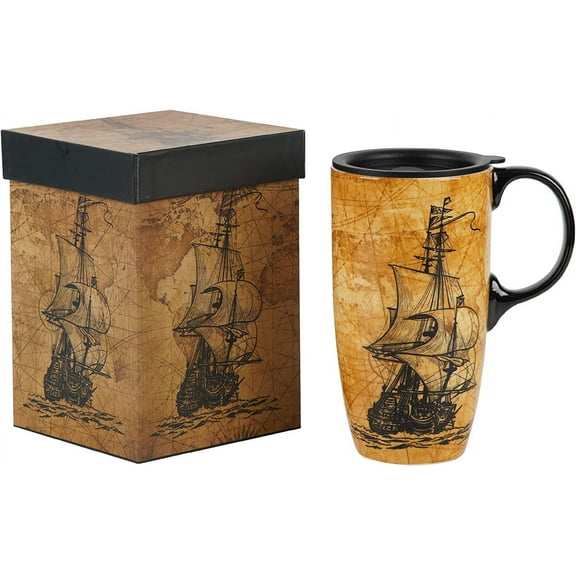 Topadorn Ceramic Mugs Porcelain Latte Tea Cup Coffee Mug with Lid and Gift Box,17oz.Sailing Ship