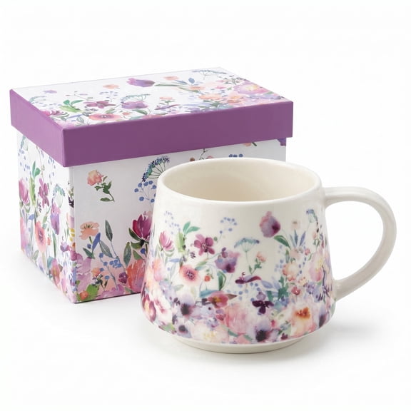 Topadorn Watercolor Purple Floral Ceramic Coffee Mug, 12oz, Wildflower Print, Microwave & Dishwasher Safe, Gift Boxed