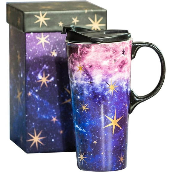 Topadorn Christmas Ceramic Travel Cup Coffee Cup 17 oz with Sealed Lid and Christmas Holiday Gift Box Purple Starry Sky