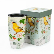 Topadorn Vintage Goldfinch Botanical Ceramic Travel Mug, 17oz, Bird & Floral Print, Spill-Resistant Lid, Microwave & Dishwasher Safe, Gift Boxed