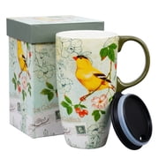 Topadorn Vintage Goldfinch Botanical Ceramic Travel Mug, 17oz, Bird & Floral Print, Spill-Resistant Lid, Microwave & Dishwasher Safe, Gift Boxed