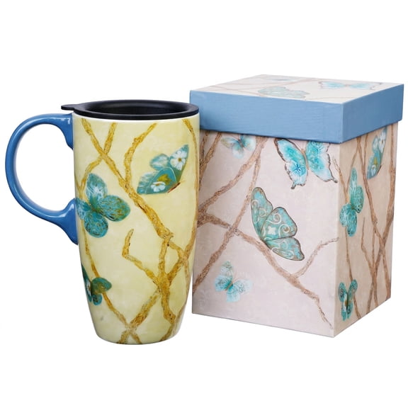 Topadorn Turquoise Butterfly Ceramic Travel Mug, 17oz, Yellow & Blue Design, Spill-Resistant Lid, Microwave & Dishwasher Safe, Gift Boxed