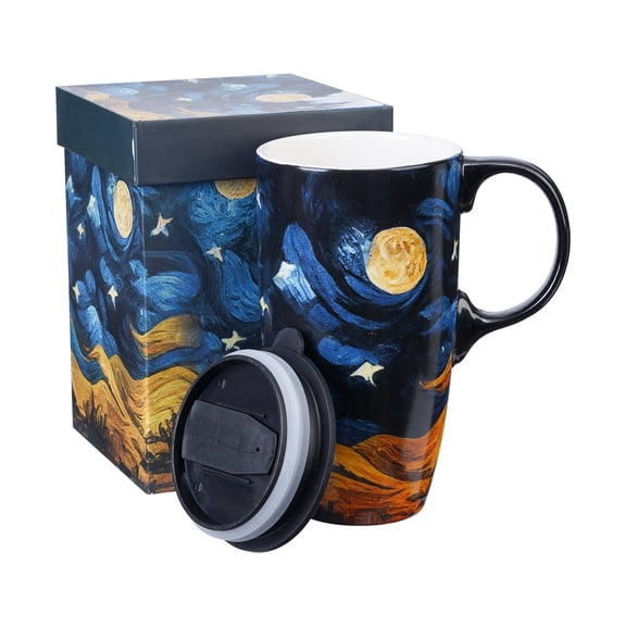 Topadorn Starry Night Ceramic Travel Mug, 17oz Van Gogh-Inspired Art Print with Lid, Dishwasher/Microwave Safe, Gift Boxed