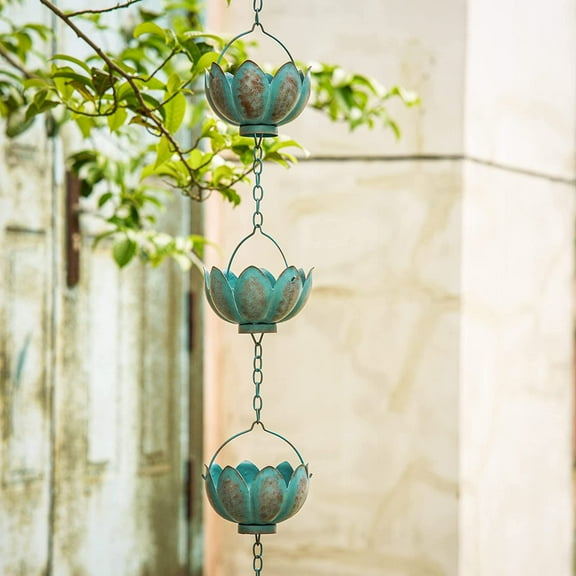 Topadorn Rain Chain, 8.7 FT Lotus Flower Metal Rain Chain, Functional and Decorative Replacement for Gutter Downspouts, Adjustable, Antique Blue