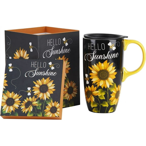 Topadorn Sunflower Ceramic Mug Coffee Cup with Lid and Matching Gift Box Latte Mug,17oz.Hello, Sunshine