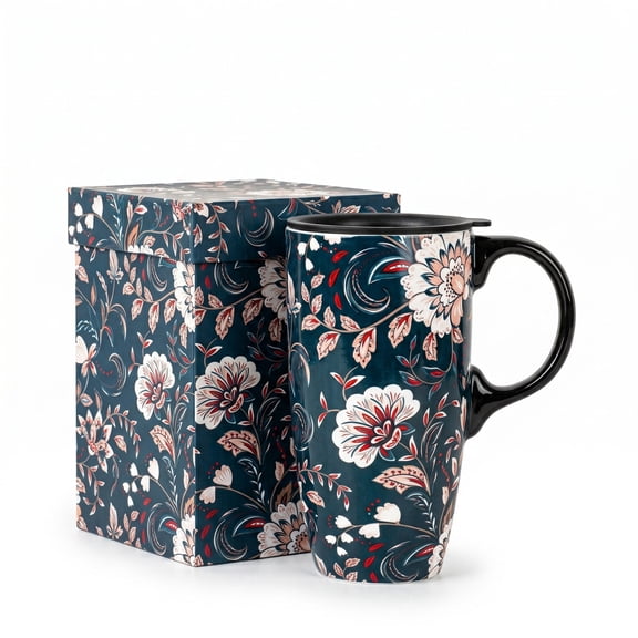 Topadorn Teal Floral Ceramic Travel Mug, 17oz, Vintage White/Red Flower Print, Heat-Safe Handle, Splash-Resistant Lid, Gift Boxed
