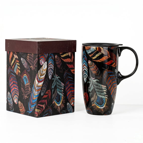Topadorn Travel Coffee Ceramic Mug Porcelain Coffee Mug Ceramic Latte Teacup with Gift Box 17 oz.,Colorful Feather