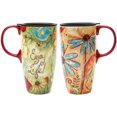 thumbnail image 1 of Topadorn Travel Coffee Ceramic Mug Porcelain Latte Tea Cup with Lid in Box 17oz Flower Enjoy Life, 2 Pack, 1 of 4