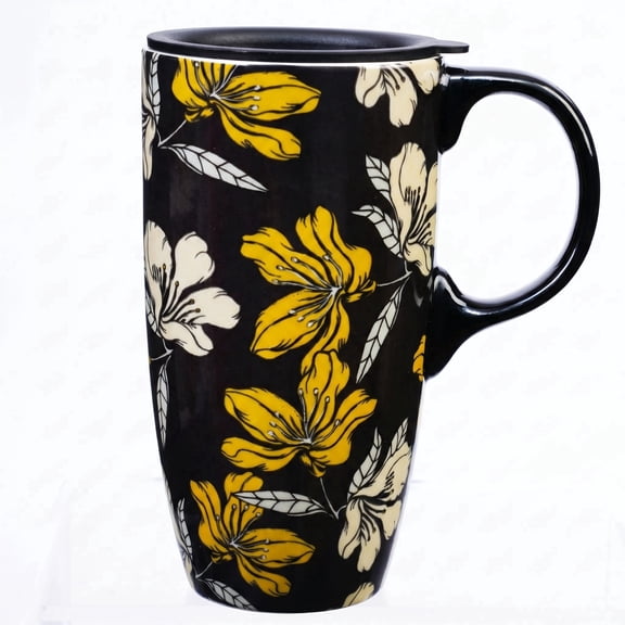 Topadorn Yellow and White Floral Ceramic Travel Mug, 17oz, Black Background, Spill-Resistant Lid, Microwave Dishwasher Safe, Gift Boxed