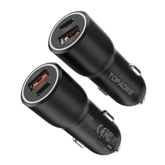 Topadre 2-Pack 38W Dual-Port (USB-C&A) Car charger Compatible with iPhone/iPad/Samsung Series (Black)