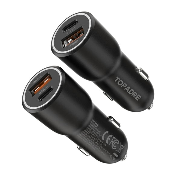 Topadre 2-Pack 38W Dual-Port (USB-C&A) Car charger Compatible with iPhone/iPad/Samsung Series (Black)