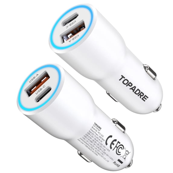 Topadre 2-Pack 38W Dual-Port PD USB C Car Charger, Fast Charging for iPhone 16/15/Pro/Pro Max, iPad, Samsung (White)
