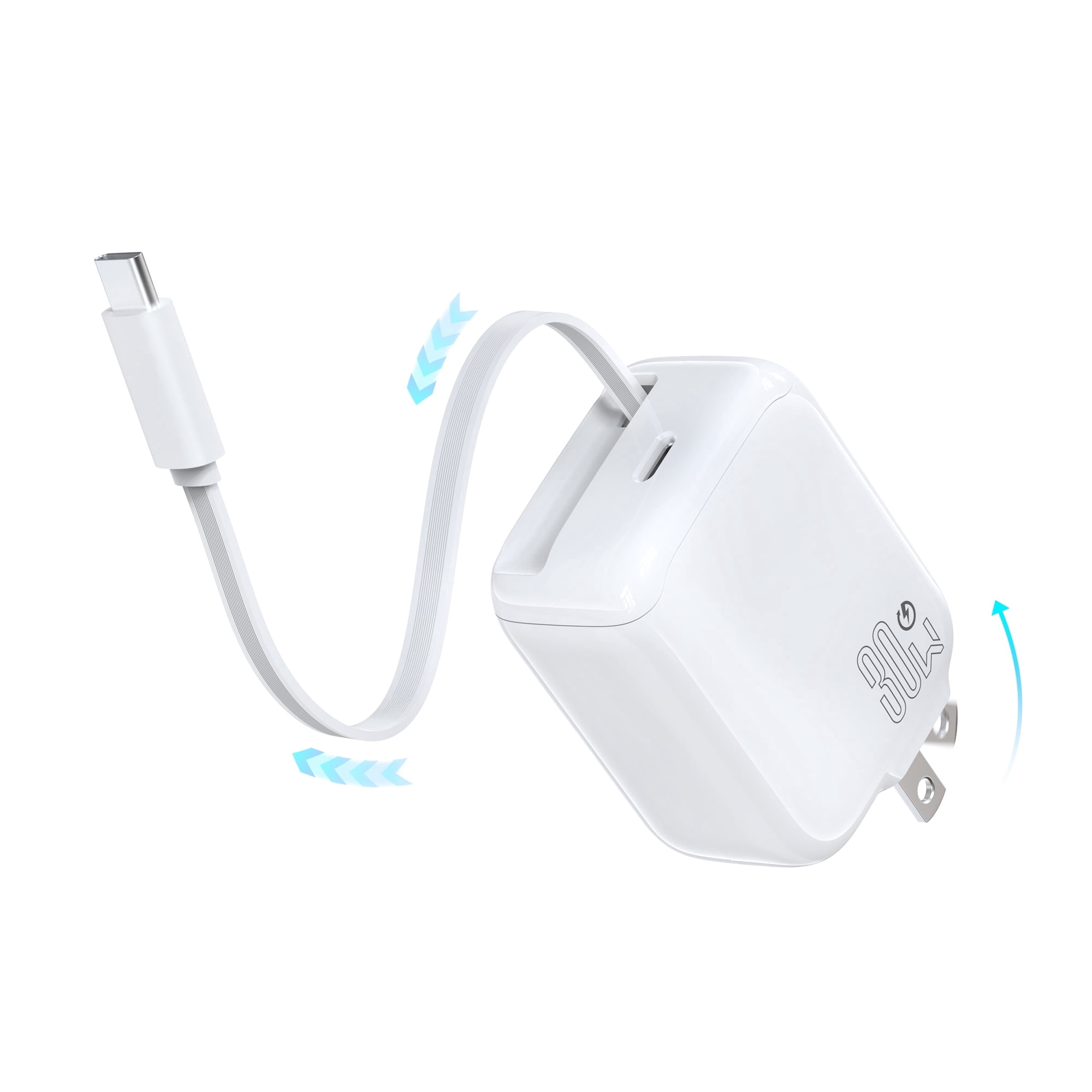 Topadre 30W Retractable Cable USB-C Charger for iPhone 17/16/15/Pro/Pro Max, Samsung Galaxy, iPad Series - White