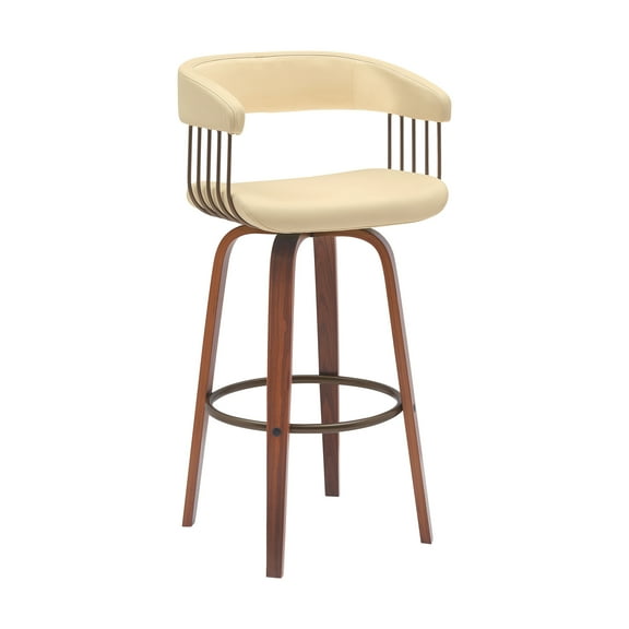 Topanga 30.5" Swivel Walnut Wood Bar Stool in Cream Faux Leather with Golden Bronze Metal