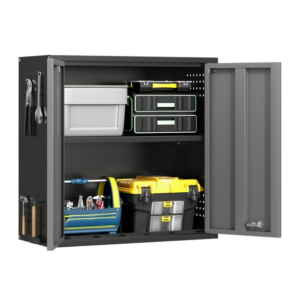 Topass Metal Wall Cabinet with Lock，Garage Storage Cabinet, Wall-Mounted Utility Cabinet with Adjustable Shelf & Locking Doors for Workshop, Laundry Room, or Home Office – Easy Assembly, Grey