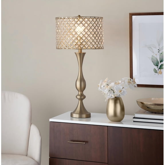 Topaz 27" Metal Table Lamp In Gold Metal With Clear K9 Crystal And Metal Shade