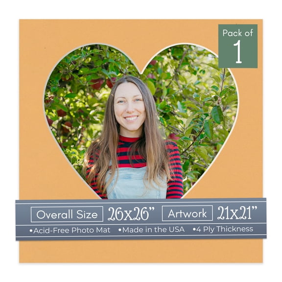 Topaz Orange Picture Frame Mat for 26x26 Frames - Heart Opening for 21x21 Photos - 1 Mat