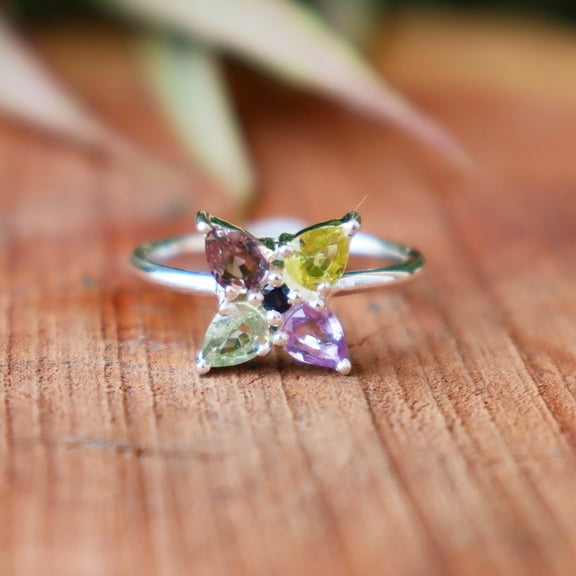 Topaz With Peridot Ring, Flower Ring, 925 Sterling Silver Ring, Garnet With Amethyst Ring, 4 Type Stone Ring, Pure Silver Ring, Women Ring,