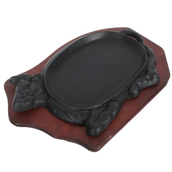 Topbathy 1Set Non Stick Steak Plate with Wooden Tray Black Cast Iron Grill Pan for Home Cooking