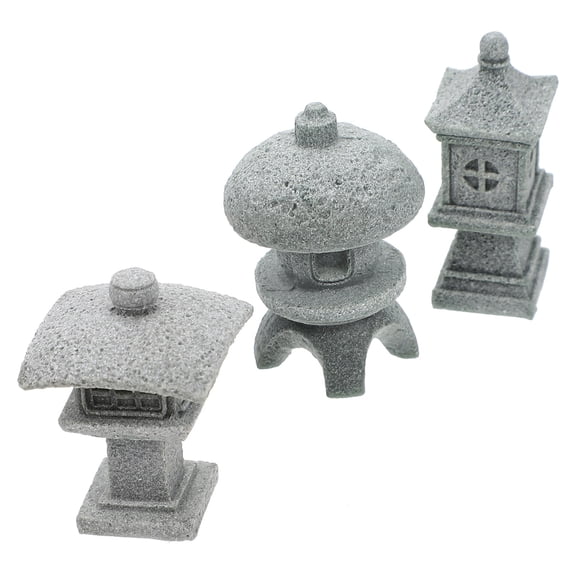 Topbathy 3Pcs Stone Pavilion Statue Landscape Ornament Grey for Balcony and Yard Garden Decor
