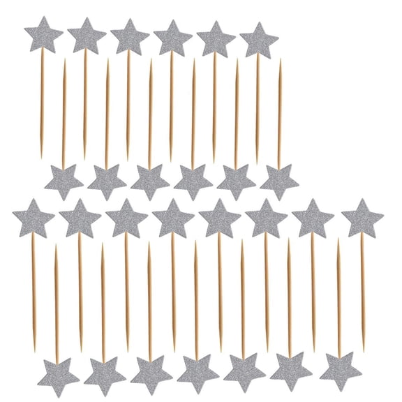 Topbathy 50Pcs Silver Glitter Star Cupcake Toppers for Birthday, Wedding, Baby Shower and Party Decorations