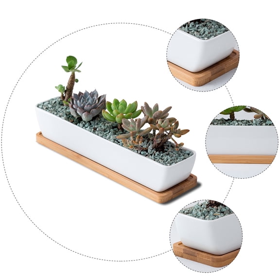 Topbathy White Ceramic Garden Planter, Rectangular, with Saucer, Ideal for Home and Office Decor