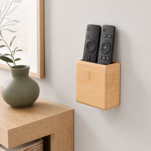 Topbathy Beige Bamboo Remote Control Holder Wall-Mounted Easy Installation
