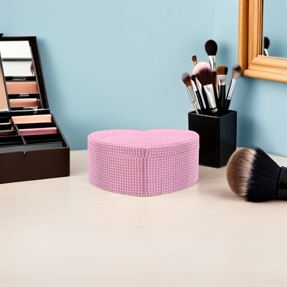Topbathy Heart Shaped Jewelry Box Pink Plastic Organizer with Rhinestone Design and Makeup Mirror