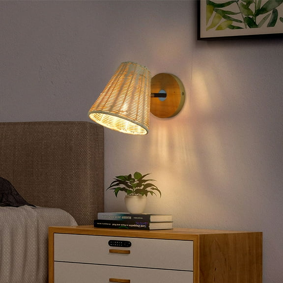 Topbathy Rustic Style Rattan Wall Light Beige Bedroom Wall Sconce for Home and Living Room
