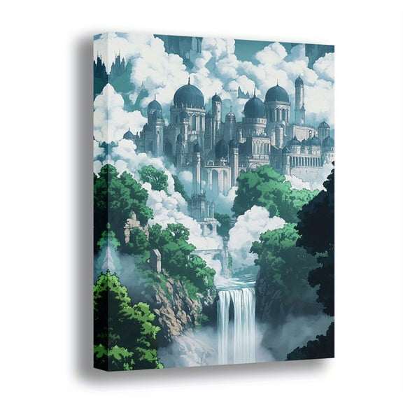 Topbout Art Anime-Style Floating Castle Waterfall Wall Art - High-End Fantasy Decor for Living Room