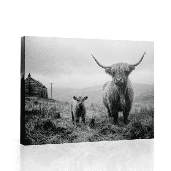 Topbout Art Black White Highland Cow Calf Canvas Art Gallery Wrapped - Farmhouse Bedroom 16*12 inch