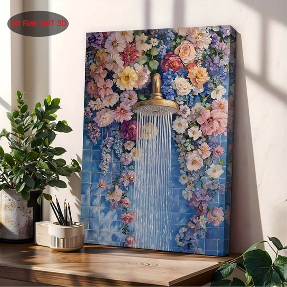 Topbout Art Floral Shower Blue Tile Canvas Wall Art - Affordable Stylish Whimsical Home Decor