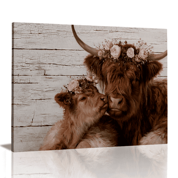 Topbout Art Mother and Baby Highland Cow Canvas Wall Art, Pink Flower Crown Farmhouse Animal Picture for Nursery Bedroom, Ready to Hang 12*8 inch