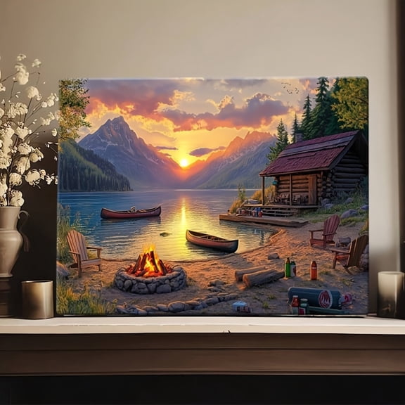 Topbout Art Mountain Lake Cabin Sunset Canvas Wall Art - Affordable Stylish Home Decor